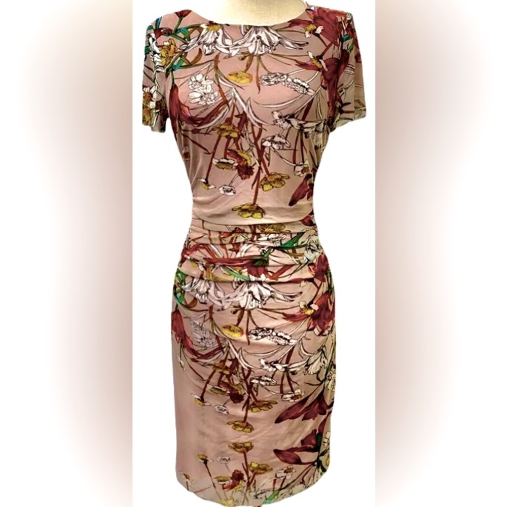 Kay Unger Short Sleeve Floral Mesh Ruched Bodycon Dress in Dusty Pink ZB4